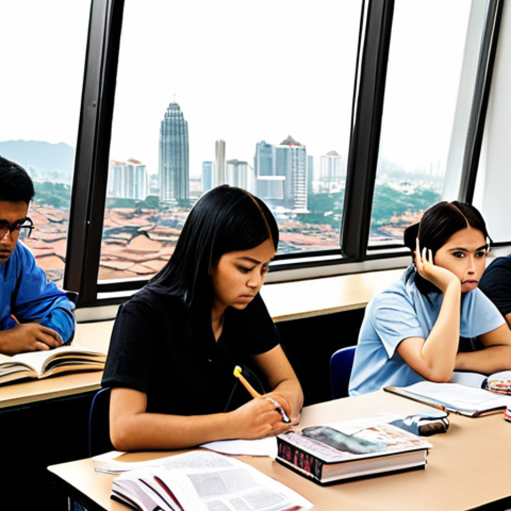 **

*   A diverse group of students participating in a Public Works Authority exam preparation class, some looking stressed and others confident. Include textbooks, laptops, and notes scattered around. The background could hint at a modern Malaysian cityscape.

**