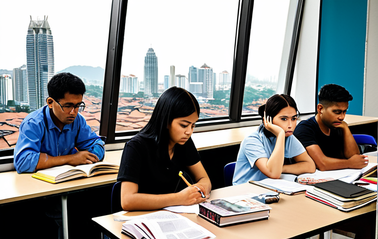 **
* A diverse group of students participating in a Public Works Authority exam preparation class, some looking stressed and others confident. Include textbooks, laptops, and notes scattered around. The background could hint at a modern Malaysian cityscape.
**
