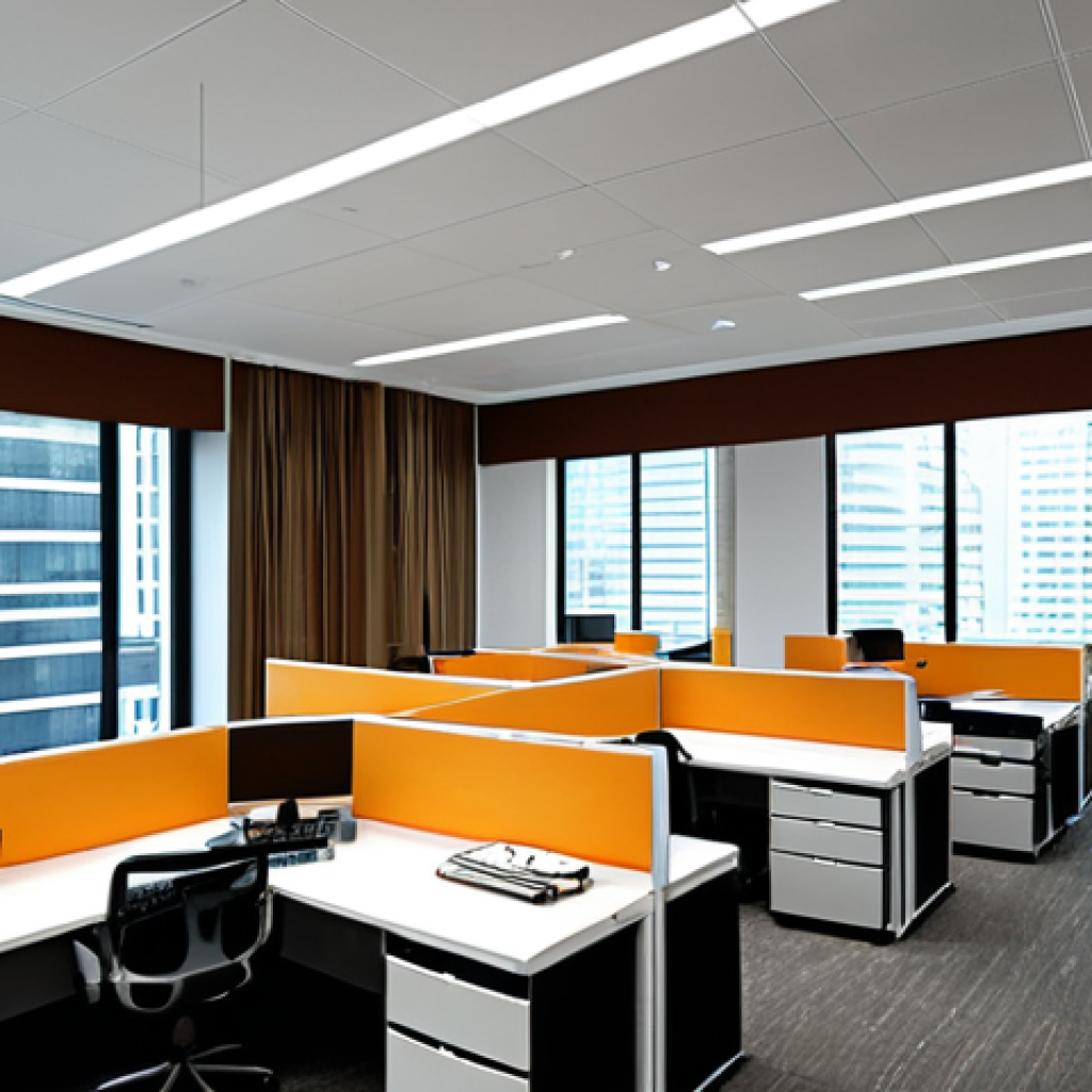A modern office building interior in Malaysia, showcasing efficient facility management. Focus on elements like smart lighting, ergonomic furniture, and a clean, well-organized workspace. Depict diverse employees working collaboratively in a comfortable and productive environment. The image should convey a sense of well-being and optimized workflow. Incorporate local Malaysian design elements subtly.