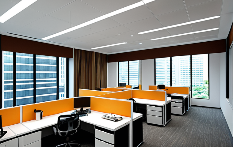A modern office building interior in Malaysia, showcasing efficient facility management. Focus on elements like smart lighting, ergonomic furniture, and a clean, well-organized workspace. Depict diverse employees working collaboratively in a comfortable and productive environment. The image should convey a sense of well-being and optimized workflow. Incorporate local Malaysian design elements subtly.