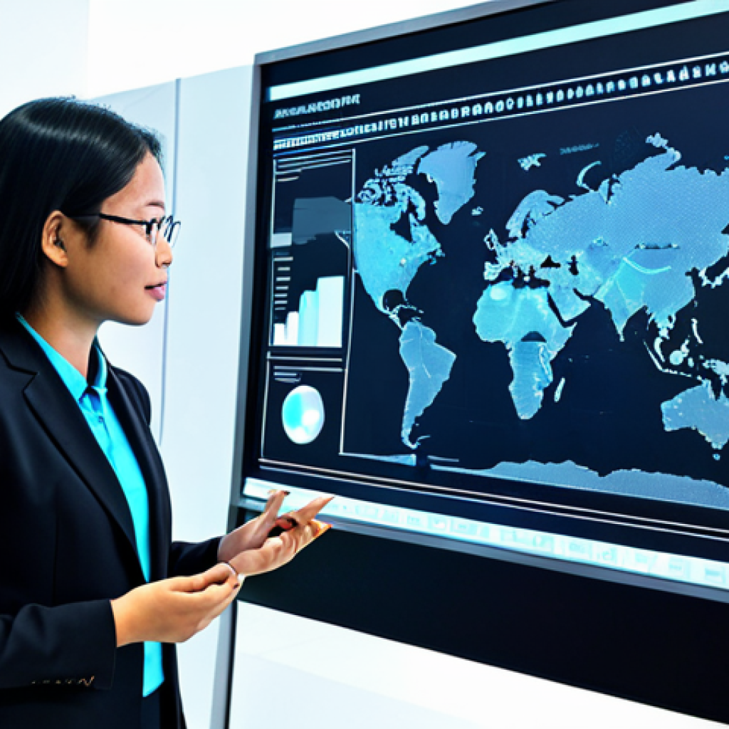 **A diverse group of professional Malaysian public administrators**, fully clothed in modern, modest business attire, collaborating actively in a futuristic, well-lit government innovation hub. They are gathered around a large interactive digital display showcasing complex data visualizations and analytical charts. One administrator, depicted with perfect anatomy, correct proportions, and a natural pose, confidently points at a holographic projection, symbolizing digital literacy and data-driven decision-making. The background features sleek, contemporary office furniture and advanced technological equipment. This image emphasizes innovation and data analysis in public service. safe for work, appropriate content, fully clothed, professional, well-formed hands, proper finger count, natural body proportions, high quality professional photography, family-friendly.