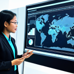 **A diverse group of professional Malaysian public administrators**, fully clothed in modern, modest business attire, collaborating actively in a futuristic, well-lit government innovation hub. They are gathered around a large interactive digital display showcasing complex data visualizations and analytical charts. One administrator, depicted with perfect anatomy, correct proportions, and a natural pose, confidently points at a holographic projection, symbolizing digital literacy and data-driven decision-making. The background features sleek, contemporary office furniture and advanced technological equipment. This image emphasizes innovation and data analysis in public service. safe for work, appropriate content, fully clothed, professional, well-formed hands, proper finger count, natural body proportions, high quality professional photography, family-friendly.