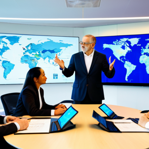 Home 24 A professional public administrator, fully clothed in a modest business suit, engages in a collaborative discussion with diverse international colleagues in a modern, brightly lit global conference room. Digital screens display data visualizations and global maps in the background, symbolizing expanded perspectives and shared knowledge. The image emphasizes perfect anatomy, correct proportions, a natural pose, well-formed hands, and natural body proportions. This is a safe for work, appropriate content, professional, high-quality photograph.