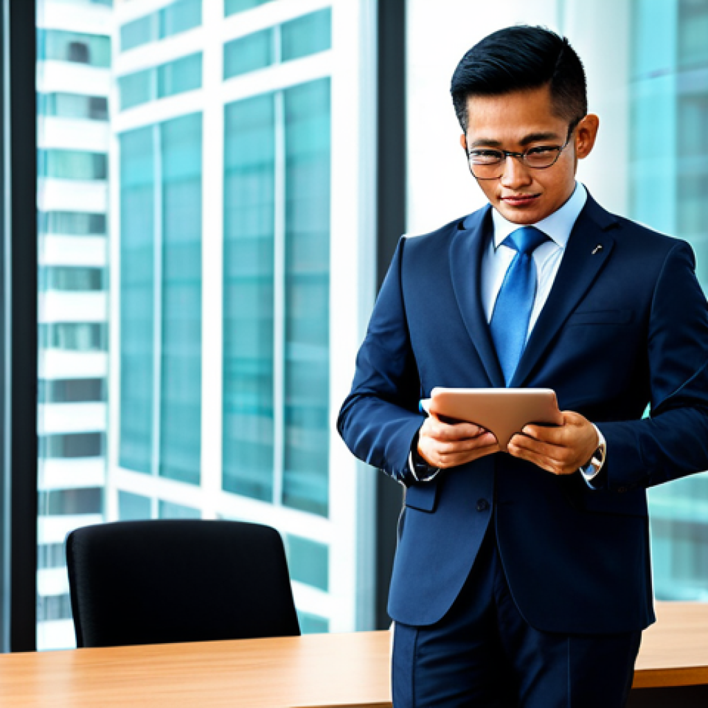 A professional Malaysian civil servant, fully clothed in a modest business suit, actively engaged with a digital tablet in a contemporary, well-lit government office. The setting emphasizes technological integration and modern efficiency. The subject displays perfect anatomy, correct proportions, and a natural pose, with well-formed hands and proper finger count. This image is safe for work, appropriate content, and professional, captured with high-quality professional photography.