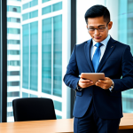 A professional Malaysian civil servant, fully clothed in a modest business suit, actively engaged with a digital tablet in a contemporary, well-lit government office. The setting emphasizes technological integration and modern efficiency. The subject displays perfect anatomy, correct proportions, and a natural pose, with well-formed hands and proper finger count. This image is safe for work, appropriate content, and professional, captured with high-quality professional photography.