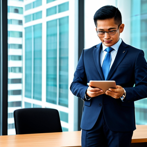 Home 23 A professional Malaysian civil servant, fully clothed in a modest business suit, actively engaged with a digital tablet in a contemporary, well-lit government office. The setting emphasizes technological integration and modern efficiency. The subject displays perfect anatomy, correct proportions, and a natural pose, with well-formed hands and proper finger count. This image is safe for work, appropriate content, and professional, captured with high-quality professional photography.