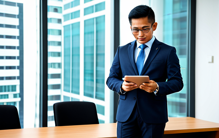 A professional Malaysian civil servant, fully clothed in a modest business suit, actively engaged with a digital tablet in a contemporary, well-lit government office. The setting emphasizes technological integration and modern efficiency. The subject displays perfect anatomy, correct proportions, and a natural pose, with well-formed hands and proper finger count. This image is safe for work, appropriate content, and professional, captured with high-quality professional photography.