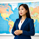 A confident Malaysian businesswoman in a modest business suit, standing in a brightly lit, modern international office. She is looking at a large digital world map displayed on a wall, showcasing global interconnectedness. The office has subtle elements of cultural diversity in the background, with a soft blur. She exhibits a natural pose, conveying success and expertise in a professional environment. perfect anatomy, correct proportions, natural body proportions, well-formed hands, proper finger count, professional photography, high quality, safe for work, appropriate content, fully clothed, professional dress.