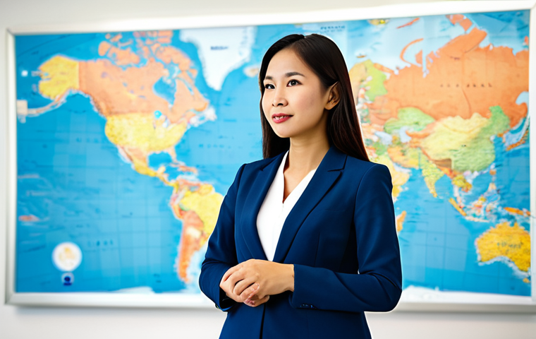 A confident Malaysian businesswoman in a modest business suit, standing in a brightly lit, modern international office. She is looking at a large digital world map displayed on a wall, showcasing global interconnectedness. The office has subtle elements of cultural diversity in the background, with a soft blur. She exhibits a natural pose, conveying success and expertise in a professional environment. perfect anatomy, correct proportions, natural body proportions, well-formed hands, proper finger count, professional photography, high quality, safe for work, appropriate content, fully clothed, professional dress.